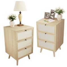 two nightstands with flowers and pictures on them, one is made out of wood