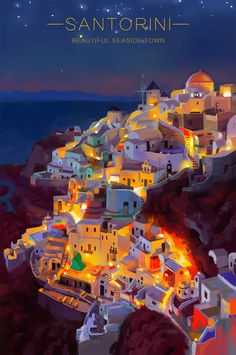 a painting of a town on top of a hill at night with the moon in the sky