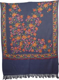 Navy Blue Shawl with Classy Intricate Floral Embroidery - A navy blue stole in wool with beautiful multi-colored floral embroidery done well, with a border. This beautiful woolen Shawl is ideal for as a warm cover wear, for social or casual occasions during changing weather, and especially during winters. Wear with slacks or even a simple stylish skirt or dress. Length: 72" Width: 30"; Material: 100% Wool (embroidery is not woolen) Woolen Shawl, Long Skirt Summer, Striped Shawl, Blue Shawl, Abstract Embroidery, Big Scarf, Winter Shawl, Geometric Embroidery, Wool Embroidery