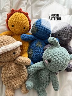 four crocheted stuffed animals sitting on top of a bed with the words crochet pattern above them