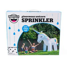 the sprinkler is an inflatable unicorn toy