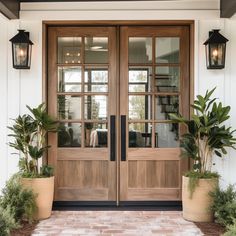 two potted plants sit in front of the double doors