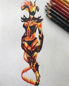 a pencil drawing of a woman with fire on her body