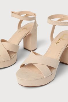 Lulus Exclusive! Kick your OOTN up a notch by slipping on the Lulus Selah Light Nude Suede Ankle Strap Heels! Thick vegan suede straps cross over a peep-toe upper, while an ankle strap wraps around ankle and secures with a gold buckle. 1"" toe platform. 4" wrapped block heel. Cushioned insole. Rubber sole has nonskid markings. All vegan friendly, man made materials. Imported. Lulus | Selah Light Nude Suede Ankle Strap Heels | Size 11 | Beige | Vegan Friendly. Spring Platform Heels With Cross Strap, Spring Ankle Strap Heels With Crisscross Straps, Spring Heels With Crisscross Ankle Straps, Chic Cross Strap Heels For Spring, Spring Strappy Suede Heels, Strappy Suede Heels For Spring, Thick Vegan, Perfect Heels, Gorgeous Heels