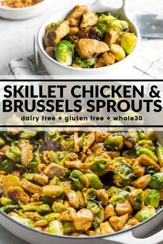 skillet chicken and brussel sprouts with text overlay