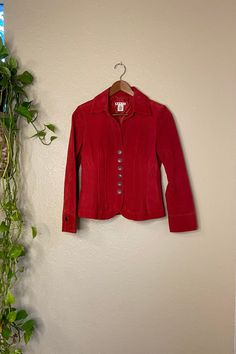 "Gorgeous 100% leather red suede fitted jacket with detailed button closure. Garment measurements: PS  15\" pit to pit 21\" shoulder to hem  21\" arm length Model is 5' 5\" 115lbs measurements:  32\" bust 25\" waist 36\" hips *items may come with minor flaws due to pre-loved wear. we are advocates of buying used and hope you can appreciate this garment and its character. items are pre-handwashed/de-pilled/mended if needed and any major flaws will try to be noted xo Lauren" Fitted Leather Jacket With Buttons, Fitted Leather Jacket With Buttons For Fall, Fitted Leather Jacket With Button Closure For Winter, Fitted Long Sleeve Single Breasted Leather Jacket, Winter Fitted Leather Jacket With Button Closure, Fitted Leather Jacket With Snap Buttons For Fall, Fitted Button-up Leather Jacket, Fitted Leather Jacket With Button Closure For Fall, Fitted Leather Jacket With Buttons For Spring