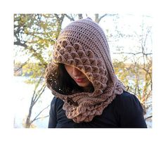 a woman wearing a crocheted hood and scarf