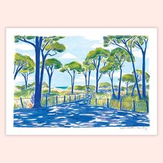 a blue and green painting of trees near the ocean