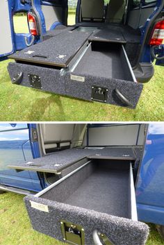 the back end of a blue truck with its trunk open and it's cargo compartment opened