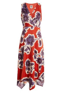 A fabulous handkerchief hem sways with every step you take in this sleeveless dress covered in a vibrant floral print. 51 1/2" longest length Hidden back-zip closure Surplice V-neck Sleeveless Lined 98% polyester, 2% elastane Dry clean Imported Red Sleeveless Silk Midi Dress, Sleeveless Silk Midi Dress With Floral Print, Sleeveless Printed Red Midi Dress, Sleeveless Silk Printed Midi Dress, Sleeveless Silk Midi Dress With Print, Red Silk Midi Dress With Floral Print, Sleeveless Red Printed Midi Dress, Red Printed Sleeveless Midi Dress, Red Sleeveless Printed Midi Dress