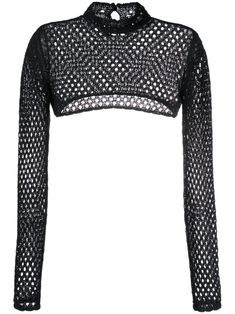 black cotton blend fully perforated high neck long sleeves keyhole detail to the rear ribbed trim high-low hem cropped Farfetch Black Crop Top, Hairdo For Long Hair, High Low, High Neck Long Sleeve, Goth Outfits, Black Crop Tops, Crop Top, Active Wear For Women, Black Cotton