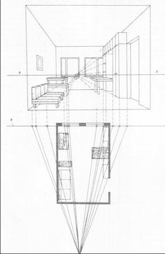 an architectural drawing of a room with stairs