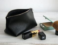 LEATHER POUCH - Pouch Bag - Black Leather CLUTCH - Leather Toiletry Bag - Leather Purse - Leather Ma Leather Makeup Pouch, Soft Leather Pouch, Small Clutch Purse, Leather Cosmetic Bag, Leather Makeup Bag, Leather Toiletry Bag, Small Leather Bag, Black Leather Clutch, Bag Designs