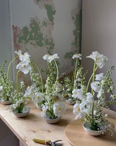 several white flowers in small bowls on a table with scissors and paintbrushes next to them