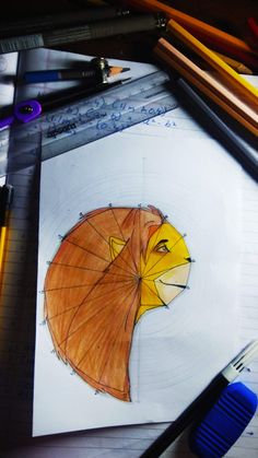 a drawing of a cat with an umbrella on it's head, surrounded by pencils and crayons