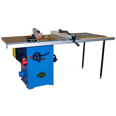 a table sawing machine sitting on top of a blue stand