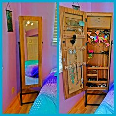 two pictures of a wooden cabinet with jewelry hanging on it and a mirror in the corner