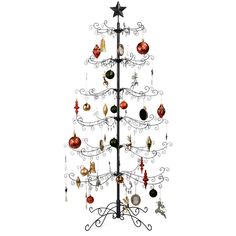 a metal christmas tree with ornaments hanging from it's sides and stars on the top