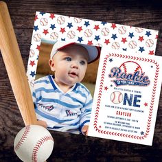 a baseball themed birthday card with a bat and ball on the table next to it