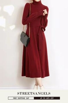 Elegant Long Sleeve Turtleneck Slim Fit A-Line Casual Solid Color Sweater Dress Elegant Solid Color Sweater Dress For Winter, Solid Color Long Sleeve Midi Dress For Fall, Winter Long Sleeve Solid Color Midi Dress, Winter Solid Color Long Sleeve Midi Dress, Casual Long Sleeve Dress For Winter, Casual Solid Long Sleeve Dress For Winter, Knee-length Long Sleeve Dress For Fall, Fall Knee-length Long Sleeve Solid Dress, Fall Knee-length Solid Color Long Sleeve Dress