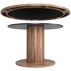 a round table with a wooden base and black glass top on an isolated white background