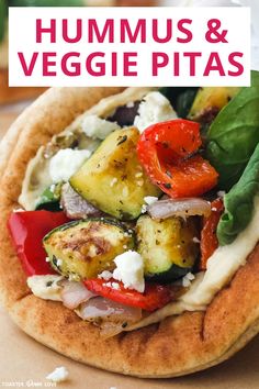 hummus and veggie pitas with text overlay