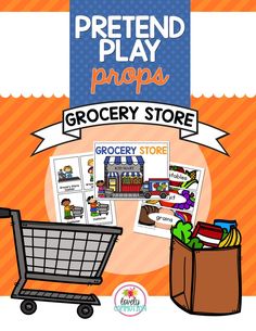 the grocery store pretend play prop is shown in front of an orange and blue background