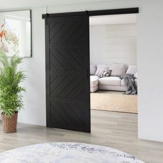 a living room with white walls and black doors