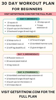 the 30 day workout plan for beginners is shown in this graphic style, with instructions to