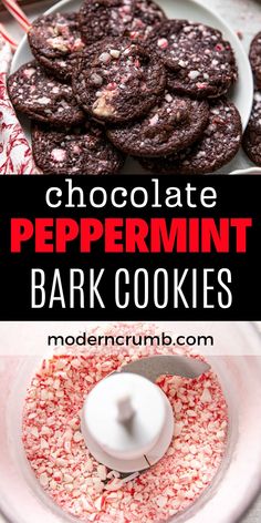 chocolate peppermint bark cookies in a white bowl with candy canes on the side