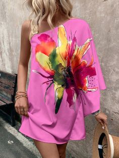 Women's Floral Print Asymmetric Neck Batwing Sleeve Loose Casual Midi Dress Multicolor Boho  Sleeveless Woven Fabric Floral,Plants,All Over Print Tunic Non-Stretch  Women Clothing, size features are:Bust: ,Length: ,Sleeve Length: Pink One-shoulder Mini Dress With Floral Print, Multicolor Floral Print One-shoulder Mini Dress, Multicolor Floral Print One Shoulder Mini Dress, Multicolor One-shoulder Mini Dress With Floral Print, Spring Floral Print Asymmetrical Dress, Summer Asymmetrical Dress With Floral Print And Asymmetrical Neckline, Summer Asymmetrical Dress With Floral Print, Spring Asymmetrical Dress With Floral Print, Pink Floral One Shoulder Dress