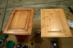 two wooden cabinets sitting next to each other