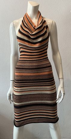 This beautiful knit cowl neck dress is a hand made work of art. Peach, brown, and cream threads are striped in an organic fashion. This piece fits size 0 - 10 and will mold to your curves. Hand loomed one of a kind piece by Karelle Levy in 2009 Reworked Dress, Brown Knit Dress, Neck Halter Dress, Organic Fashion, Cowl Neck Dress, Knit Cowl, High Knees, Beautiful Knitting, Halterneck Dress