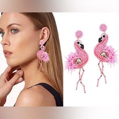 New Beaded Pink Flamingo Dangle Earrings Summer Party Beaded Drop Earrings, Summer Party Beaded Earrings With Dangling Beads, Summer Party Jewelry With Dangling Beads, Dangle Beaded Earrings For Summer Parties, Summer Party Beaded Dangle Earrings, Elegant Pink Beaded Earrings For Beach, Pink Elegant Beaded Earrings For Beach, Flamingo Seed Bead Earrings, Beaded Flamingo Earrings