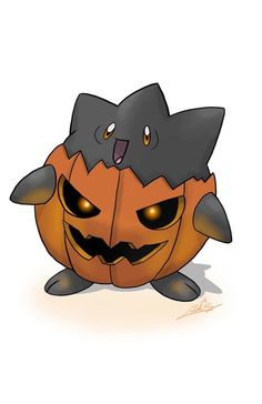 a cartoon pumpkin with two bats on it's face and one has eyes that are glowing