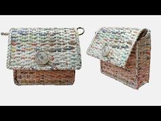 two purses made out of newspaper are sitting side by side on a white background