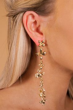 Earrings Measure at 2.5" Long Post Back Please note accessories are not eligible for return Colors and patterns may vary Gold Jewelry Prom, Long Gold Earrings, Colors And Patterns, Prom Earrings, Spring Earrings, Fancy Earrings, Golden Earrings, Gold Statement Earrings, Solid Gold Earrings