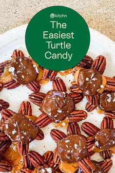 a white plate topped with mini pretzels covered in caramel and pecans