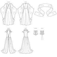 four different types of dresses and sashes, each with an attached neckline to the waist