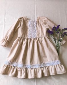 Vintage, handmade with beige fabric and white lace. 100 % cotton fabric. Very comfy for your baby to wear. Cute and protective as well. Protective from wind.  *Comes in sizes 0-3 months and older, up to 4 years old Handmade in the USA *IF YOU BUY SET, you get $3.50 OFF!! Cream Lace Dress For Summer Baptism, Summer Cotton Lace Dress With Ruffles, Summer Cotton Lace Dress With Lace Trim, Fitted Cotton Cream Dress, Fitted Cream Cotton Dress, Cream Lace Dress With Lace Trim For Baptism, Spring Cotton Lace Patchwork Dress, Cream Cotton Dress With Crochet Trim, Cotton Baptism Dress With Lace Trim