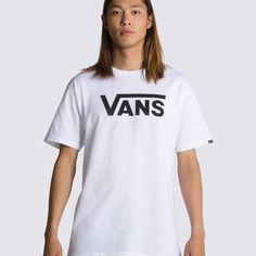 The Vans Classic T-Shirt creates the ideal casual fit with its breathable material and Vans logo on the front.100% Cotton fabricShort sleeveModel wearing size Medium | Vans Classic T-Shirt Men's Small Streetwear T-shirt With Front Logo, Short Sleeve T-shirt With Front Logo For Streetwear, White Casual T-shirt With Front Logo, Basic Short Sleeve Logo T-shirt, Basic Logo T-shirt With Short Sleeves, Basic Short Sleeve T-shirt With Logo, Black Short Sleeve T-shirt With Front Logo, Basic Cotton T-shirt With Logo, White Cotton Vans T-shirt