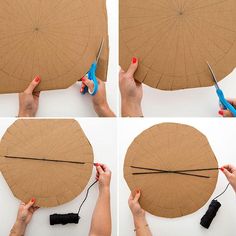 four pictures showing how to make an umbrella out of cardboard and yarn with scissors on it