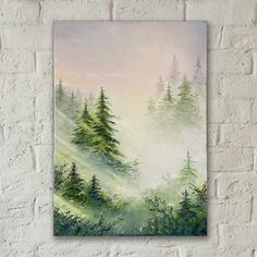 a painting on a brick wall with trees in the foreground and fog in the background