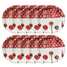 red and white plates with christmas decorations on them