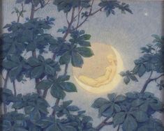 a painting of a person laying on the moon in the sky with leaves around them