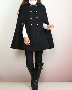 * A cool and long woolen cape coat, very elegant. * With gold color buttons and fully lined with lining. * Material: Outer-50% wool, 50% polyester; lining-100% polyester Shop sizing chart FYI ( actual body figures, not laying flat clothes measurements) Size XS (US 2, UK 6, German 32, French 34) Bust: fits bust around 33.5 inches/85cm Waist: fits waist around 26 inches/66cm Hips: fits hips around 36 inches/91cm Size S (US 6, UK 10, German 36, French 38) Bust: fits bust around 35.5 inches/90cm Wai Winter Cape Coat, Cloak Jacket, Wool Cloak, Wool Cape Coat, Long Coat Jacket, Concept Clothing, Ladies Poncho, Wool Poncho, Long Coat Women