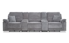 the reclining sofa is shown with two seats and one arm rests on it's back