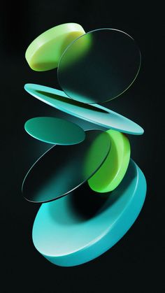 an abstract sculpture made out of circles and circular shapes in green, blue, and yellow