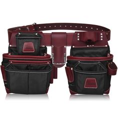 three pieces of black and red leather with white stitching on the side, one has two