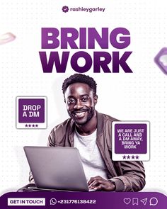 a man sitting in front of a laptop computer on top of a purple cover with the words bring work